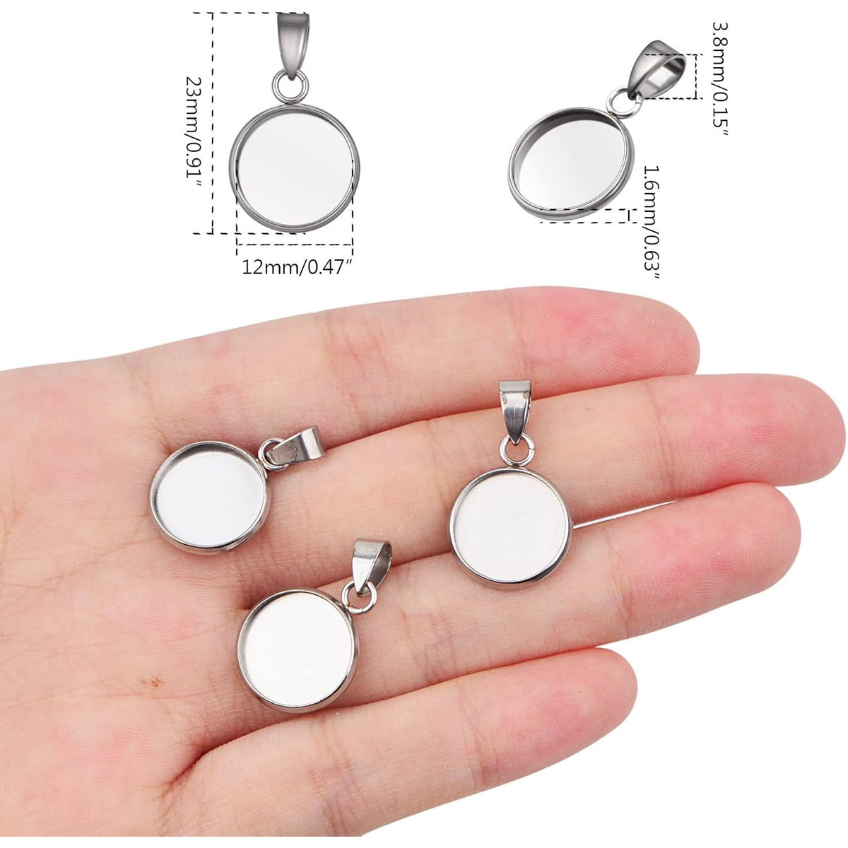 20pcs Stainless Steel Round Blank Bezel Pendant Trays with Pinch Clasp Buckle Base Cabochon Settings Charms Fit 12 mm for DIY Jewelry Making Cameo Photo Resin Crafts