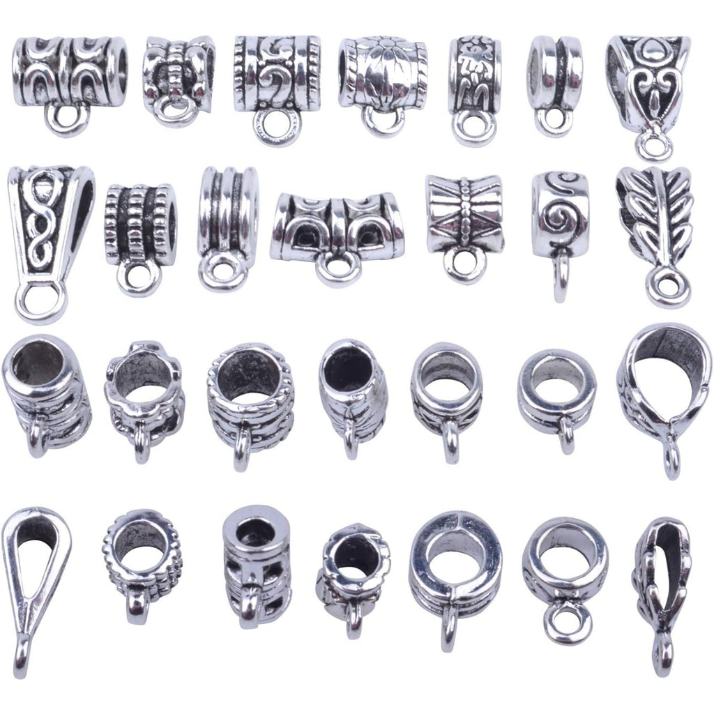 100g Bails Beads,14 Styles Tibetan Silver Bail Tube Beads Spacer Beads Bead Hanger for Jewelry Making Bracelet Necklace 120-126 Pieces