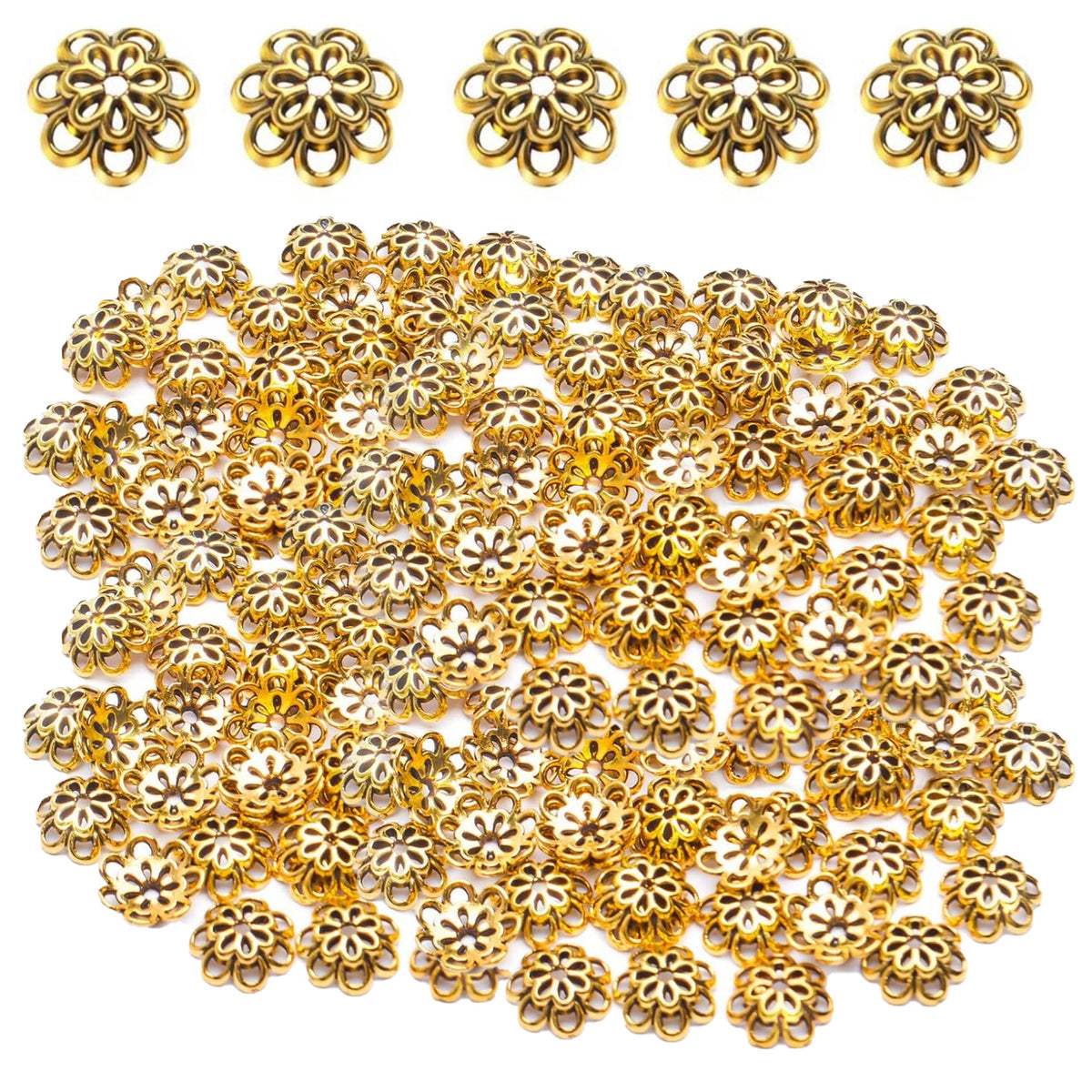Bead Caps, 100pcs 10 mm Alloy Hollow Double Flower Bead Caps Loose Bead Spacer End Bead Caps for Bracelet Necklace Earring Crafts Making, Antique Golden and Antique Silver