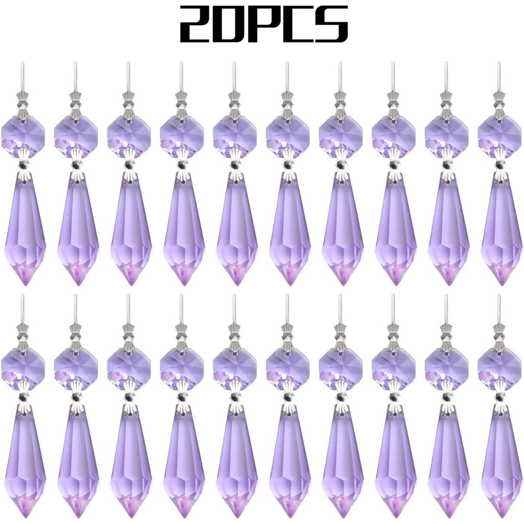 20 Pieces Chandelier Icicle Crystal U-Drop Prisms Lamp Parts Glass Pendants Beads for Wedding, Party or Holiday Decoration, 37mm, Purple