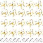 1 Box of 20pcs Bowknot Earring Hooks with Hole 14K Golden Plated Alloy Bow Dangle Earrings Findings and 20pcs Clear Earring Safety Backs for Women DIY Crafts Jewelry Making Supplies