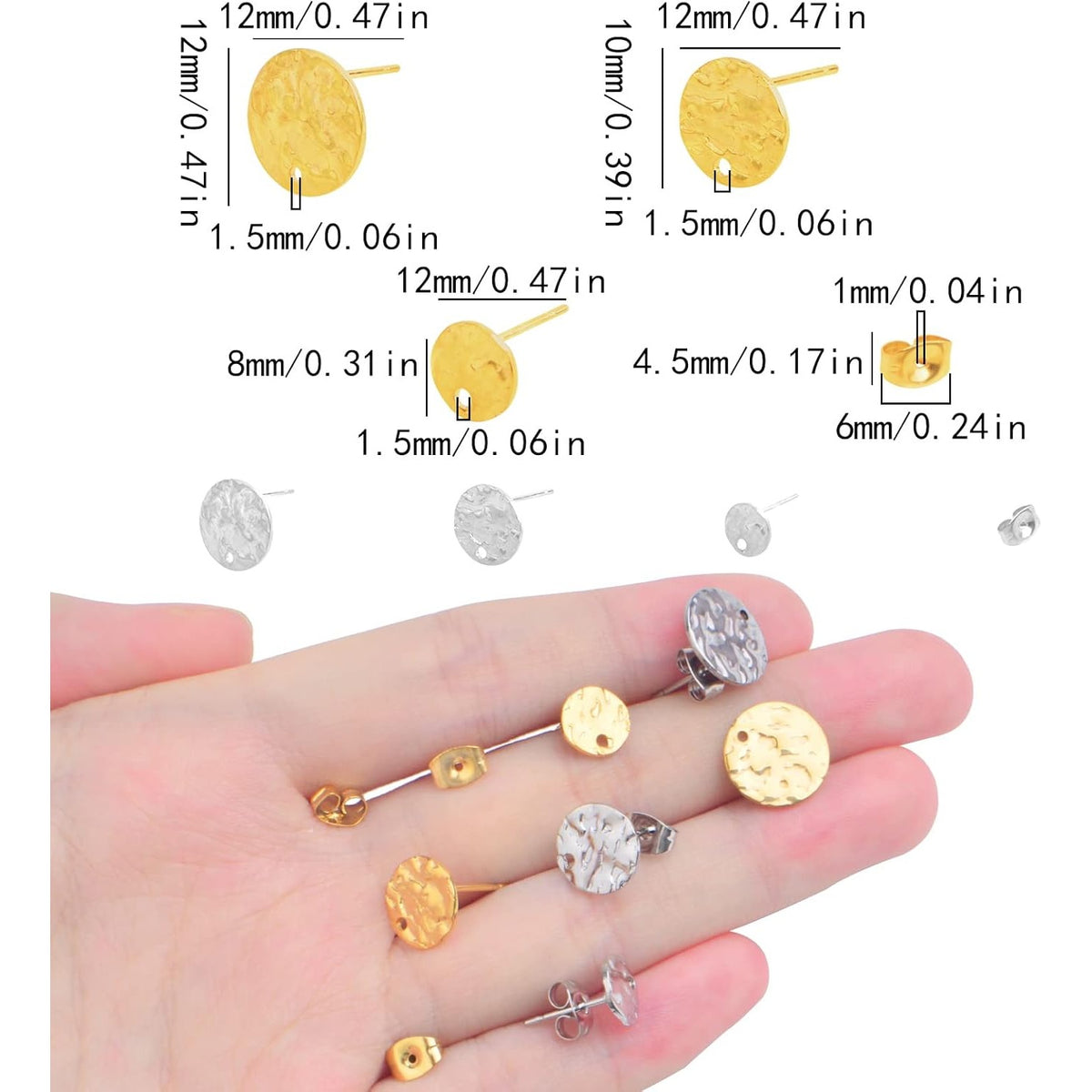 24pcs 3 Sizes Textured Blank Flat Round Stud Earring Findings Stainless Steel Earring Posts with Loop and 24pcs Butterfly Earring Backs for DIY Jewelry Making, 2 Colors