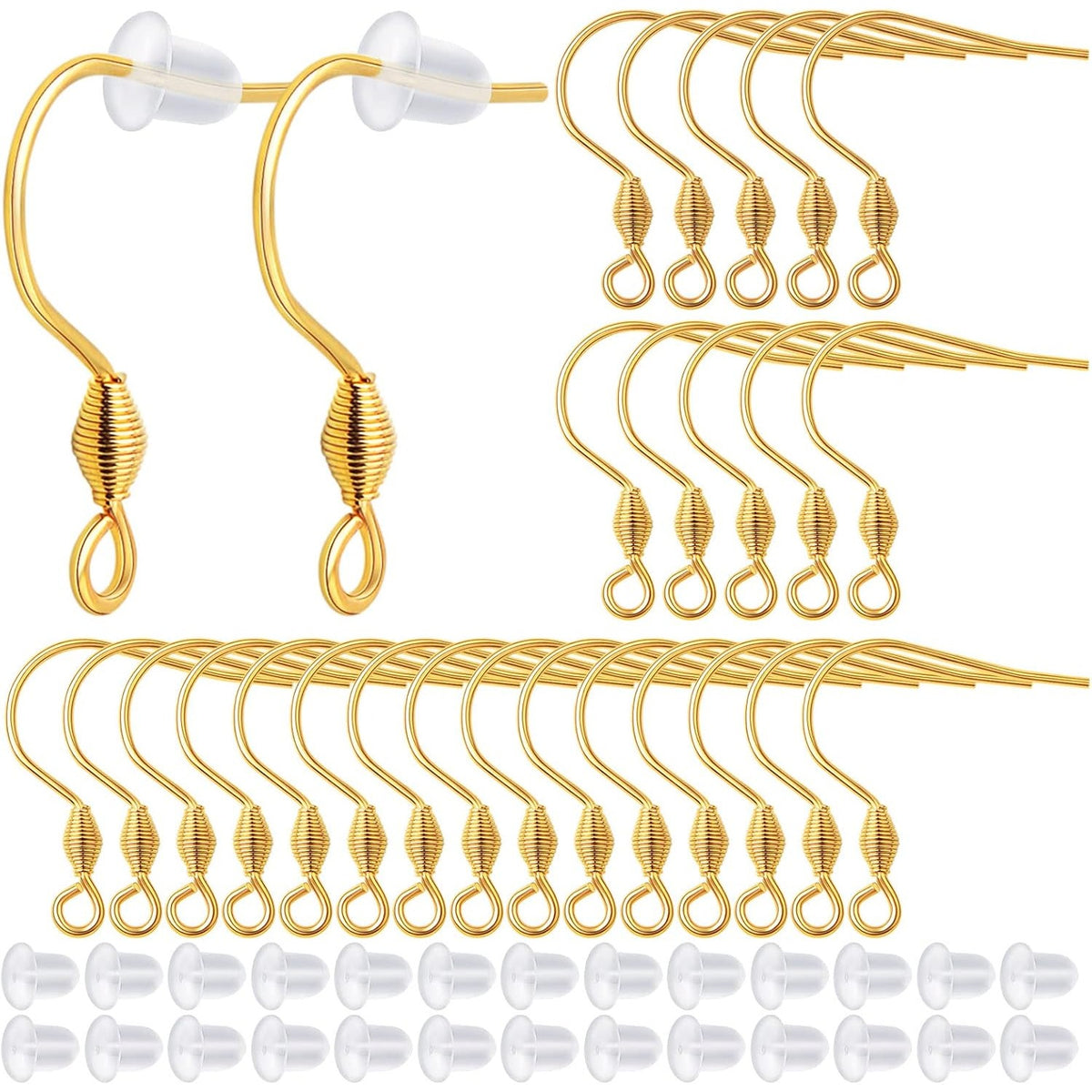 50pcs Stainless Steel French Earring Hooks Hypoallergenic Large Ear Wires Fish Hooks with Loop and 50pcs Clear Silicone Earring Backs for DIY Earrings Jewelry Making Findings
