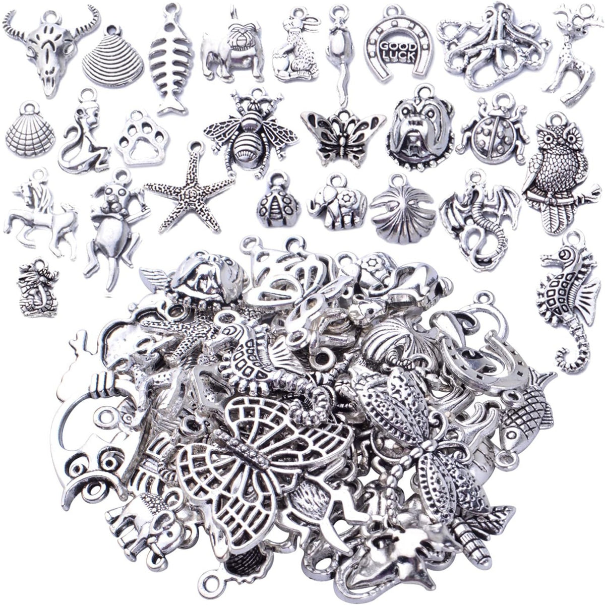 50pcs Antique Silver Animal Charms Alloy Dragon Monkey Fish Turtle Octopus Insect Charm Pendants Craft Supplies for Jewelry DIY Earrings Necklace Bracelet Making Accessories