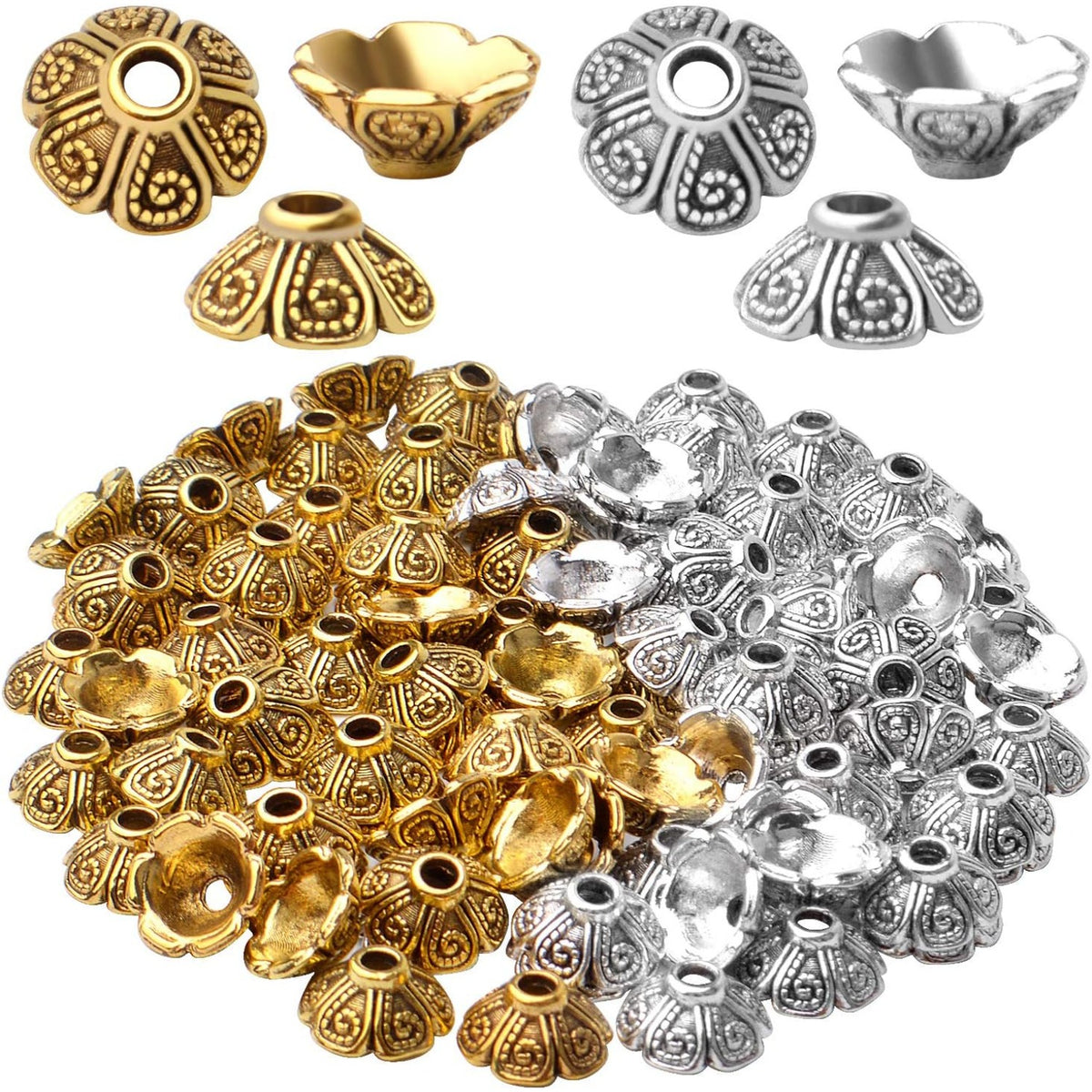 100pcs 9mm Tibetan Style Alloy Flower Caps Spacer Bead Caps Flower Beads End Caps Spacer Caps with A Box for DIY Jewelry Crafts Making(Antique Silver and Antique Gold)