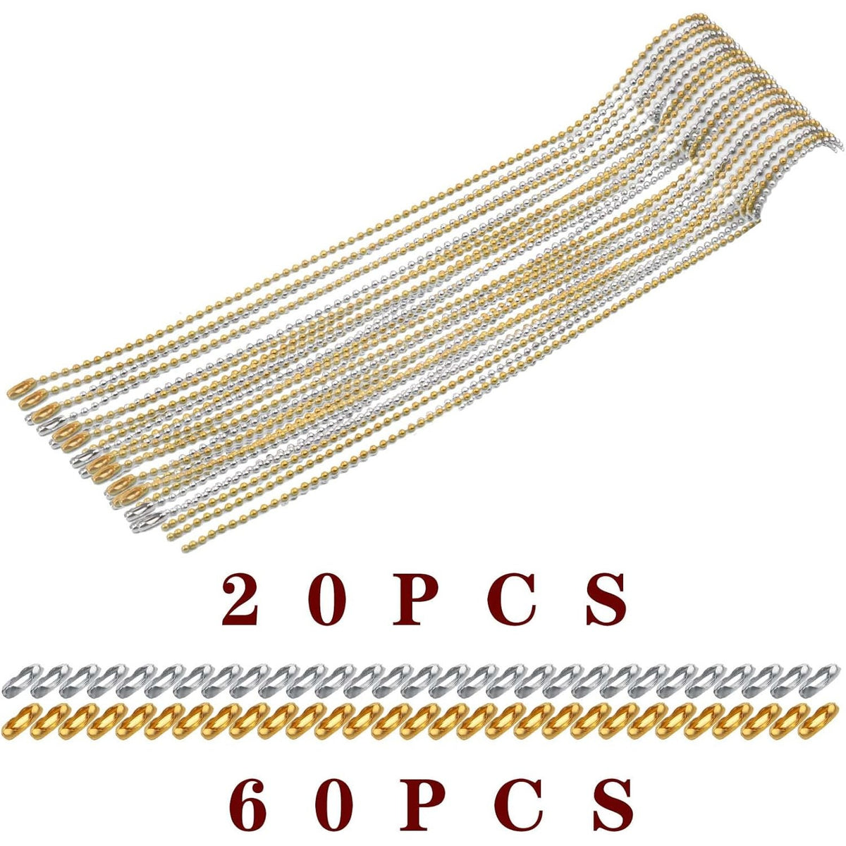 20pcs 2 mm Diameter Metal 65 cm Long Ball Bead Chains Dog Tag Chains and 60pcs Bead Connector Clasps with a Plastic Box for DIY Necklace Jewelry Making Crafting, 2 Colors