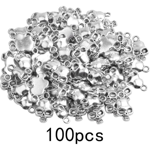 100pcs Antique Silver Skull Head Charms Vintage Alloy Skeleton Skull Head Dangle Pendants Craft Supplies for DIY Jewelry Making Halloween Home Party Décor