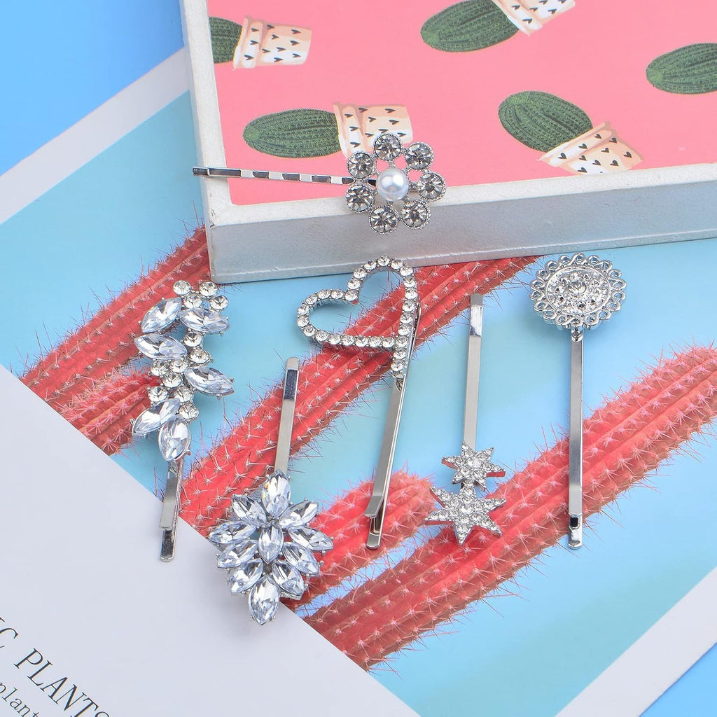 6pcs Silver Rhinestone Wedding Hair Clips Bridal Hair Pins Crystal Bobby Pins Mixed Heart Flower Star Barrettes Hair Accessories for Bride Women and Girls Decoration, 6 Styles