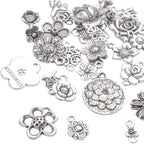 100g Craft Supplies Mixed Rose Flower Charms Pendants Alloy Flower Charm Beads Link Connectors for DIY Bracelet Necklace Keychain Jewelry Making, Antique Silver