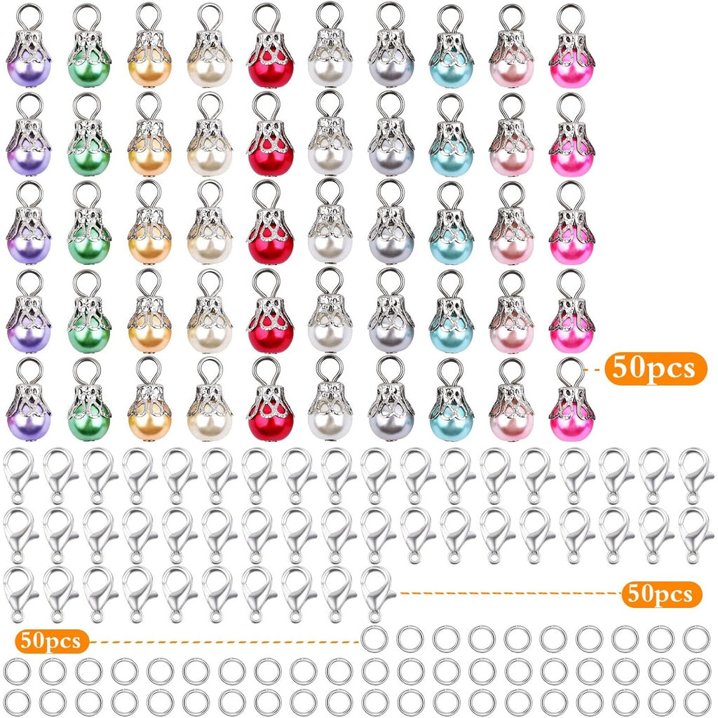 50pcs Muti-Color Clip-On Pearl Dangle Pendants Silver Flower Bead Cap Drops with 50pcs Lobster Clasps Accessory fit Floating Locket Charms Necklace Jewelry Making