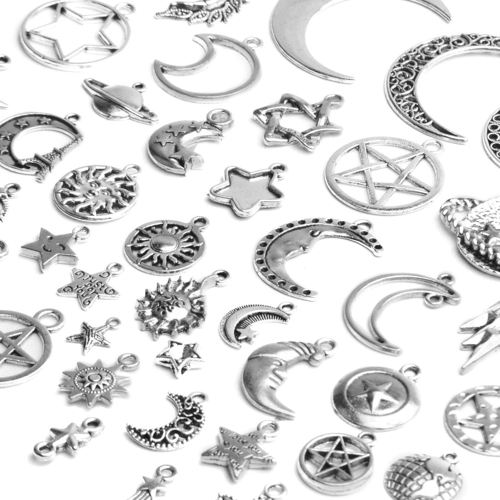 Celestial Pendant Charms, 100 Gram(65-85pcs) Mixed Sun Moon Star Charms Pendants Craft Supplies for Earrings Bracelets Necklaces Crafts Jewelry Making, 5-50mm
