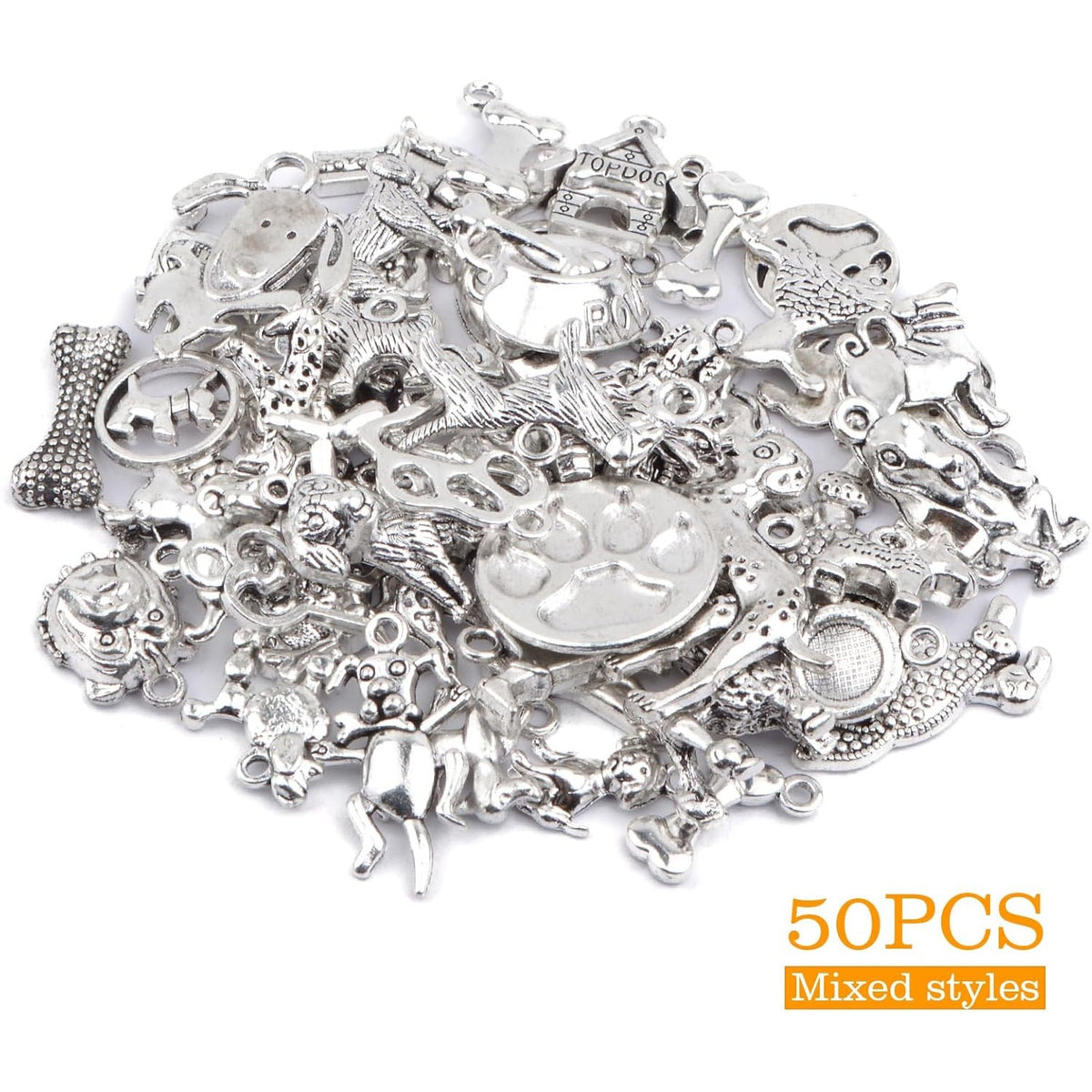 50 Styles Antique Silver Mixed Pet Dog Theme Charms Vintage Alloy Animal Puppy Dog Bone Paw Print Dangle Pendants for DIY Bracelet Necklace Jewelry Making Supplies