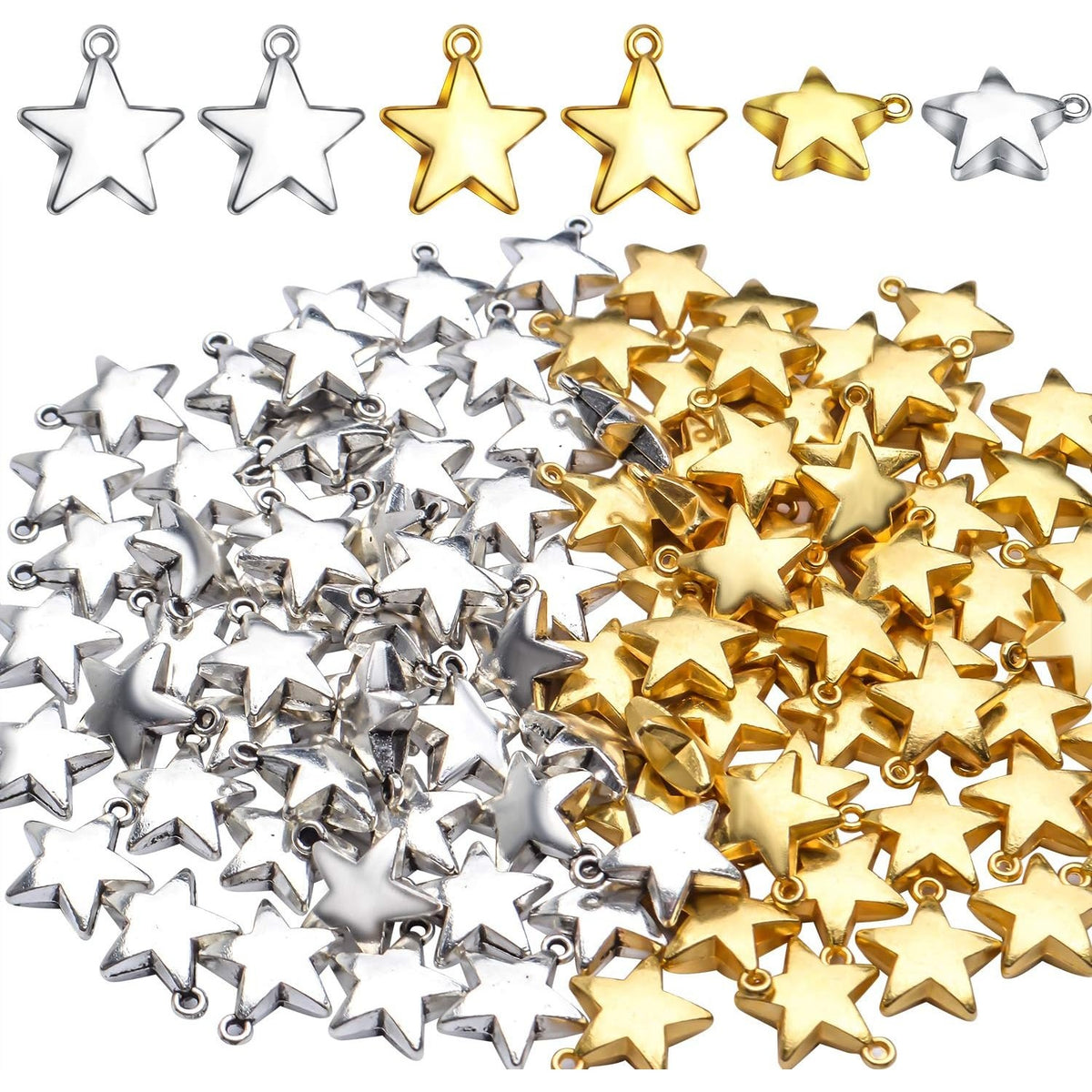 Star Pendant Charms, 100pcs Mini Five-Pointed Star Charms Tibetan Style Blank Stamping Star Shape Pendant for DIY Jewelry Making Crafting, Golden and Antique Silver, 11x10x4mm