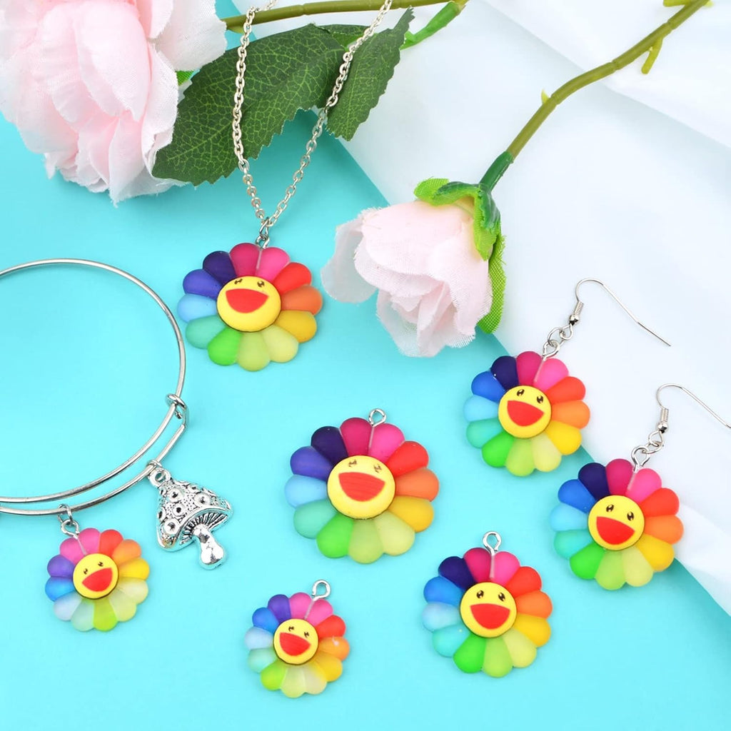 30pcs Colorful Smiley Face Sunflower Charms Matte Resin Rainbow Sun Flower Dangle Pendants Collection Crafts for DIY Bracelet Necklace Earring Jewelry Making, 3 Sizes