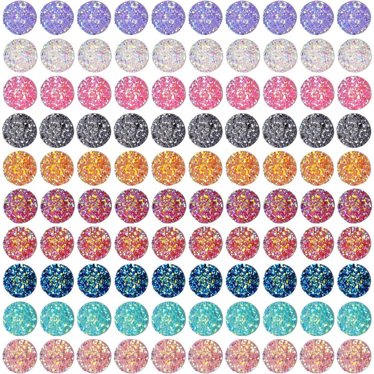 100 Pieces 12 mm Faux Druzy Resin Cabochons with 20 Pieces Stainless Steel Blank Stud Earring Bezel Setting and 20 Pieces Clear Earring Backs for Earring Jewelry Making -10 Colors