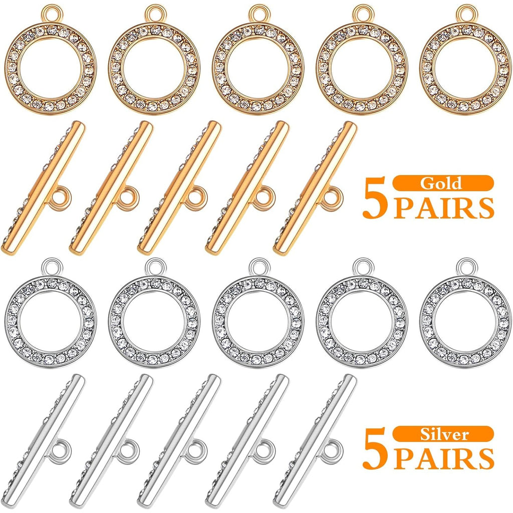 10 Sets Round Metal Toggle Clasps Bracelet Closure Fastener Buckle OT End Clasps T-Bar Connectors and Ring Clasps with Rhinestone for DIY Craft Necklace Jewelry Making, 2 Colors