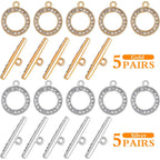 10 Sets Round Metal Toggle Clasps Bracelet Closure Fastener Buckle OT End Clasps T-Bar Connectors and Ring Clasps with Rhinestone for DIY Craft Necklace Jewelry Making, 2 Colors
