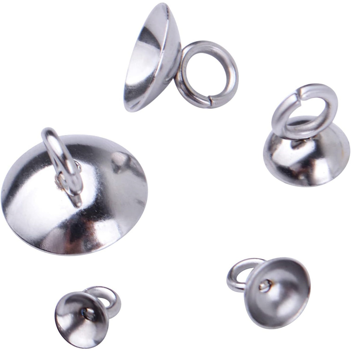 50pcs 5 Sizes Bead Cap Pendant Bails Stainless Steel Round Bails Caps Bead Caps with Loop Dangle Charm Bead Connectors for Jewelry Necklace Bracelet Making