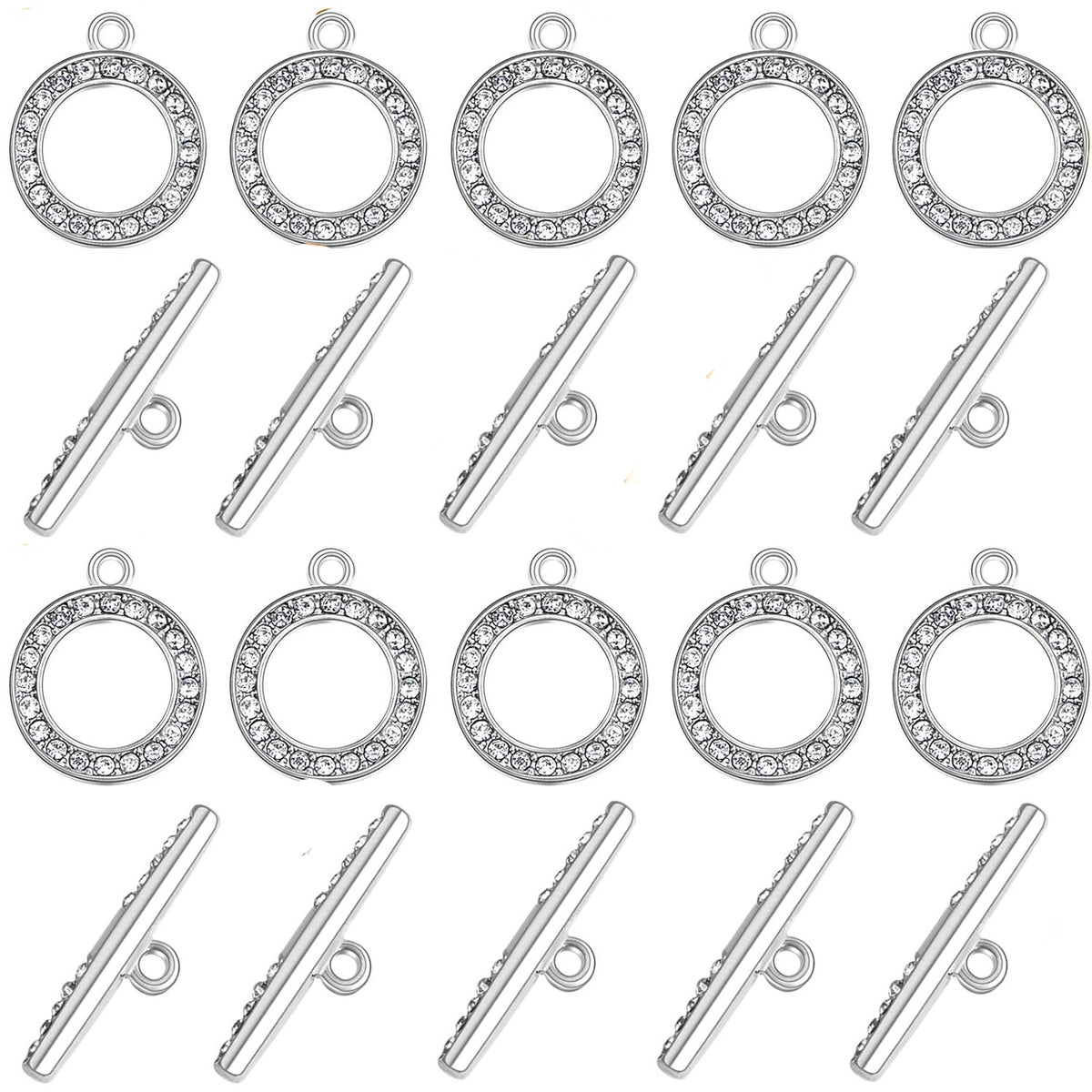 10 Sets Round Metal Toggle Clasps Bracelet Closure Fastener Buckle OT End Clasps T-Bar Connectors and Ring Clasps with Rhinestone for DIY Craft Necklace Jewelry Making, 2 Colors