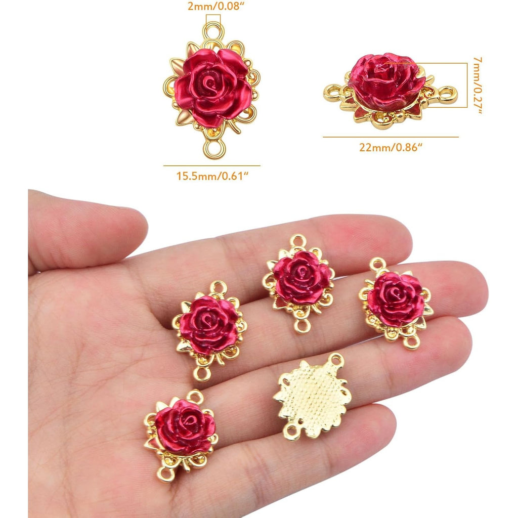 20pcs KC Golden Plated Red Rose Charms Connectors Alloy Lovely 3D Roseflower Shape Dangle Pendants with Double Holes for DIY Necklaces Earrings Jewelry Making Valentine's Gifts