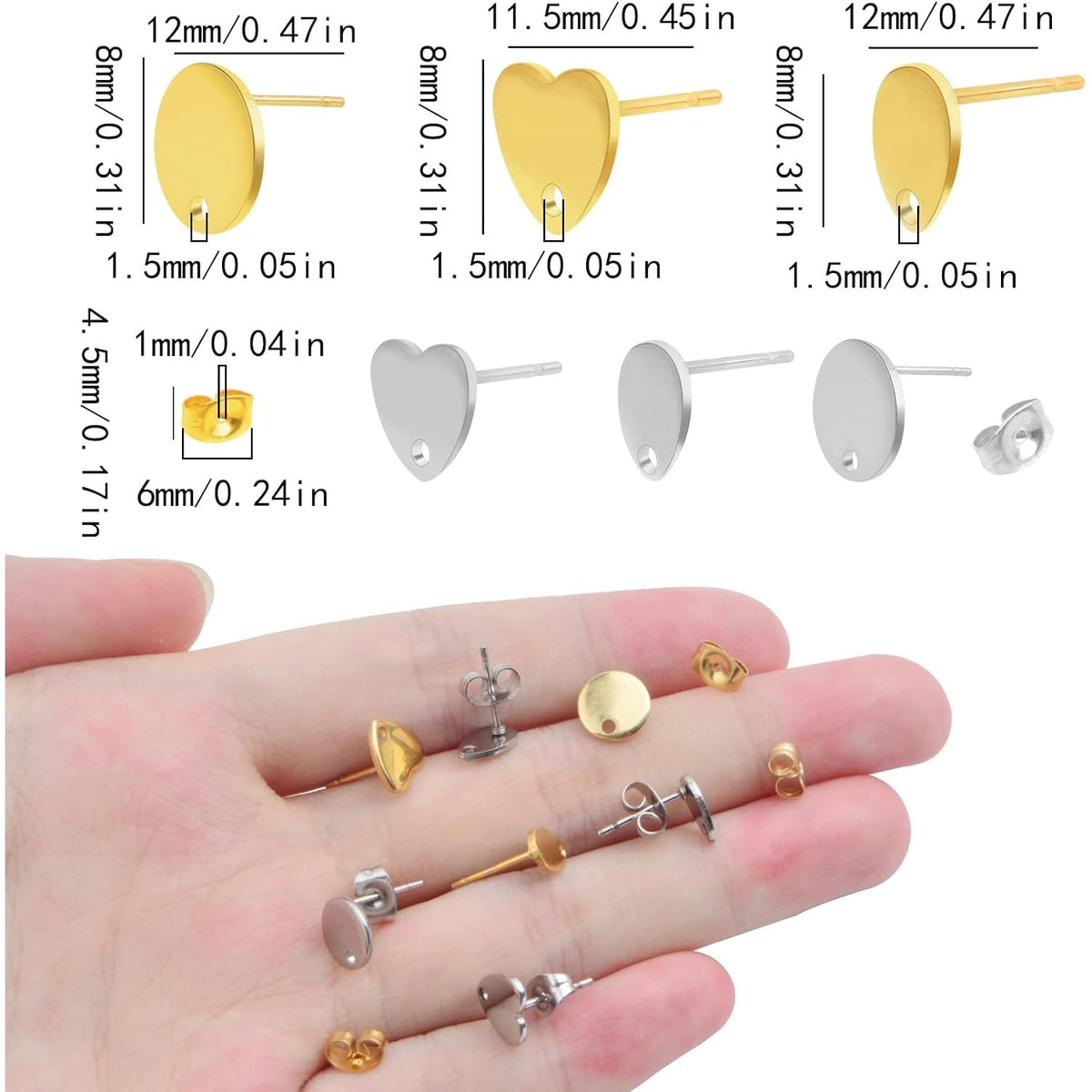 24pcs 3 Styles Stainless Steel Earring Posts with Loop Blank Round Heart Teardrop Shape Stud Earrings and 24pcs Butterfly Earring Backs for DIY Jewelry Making Supplies, 2 Colors