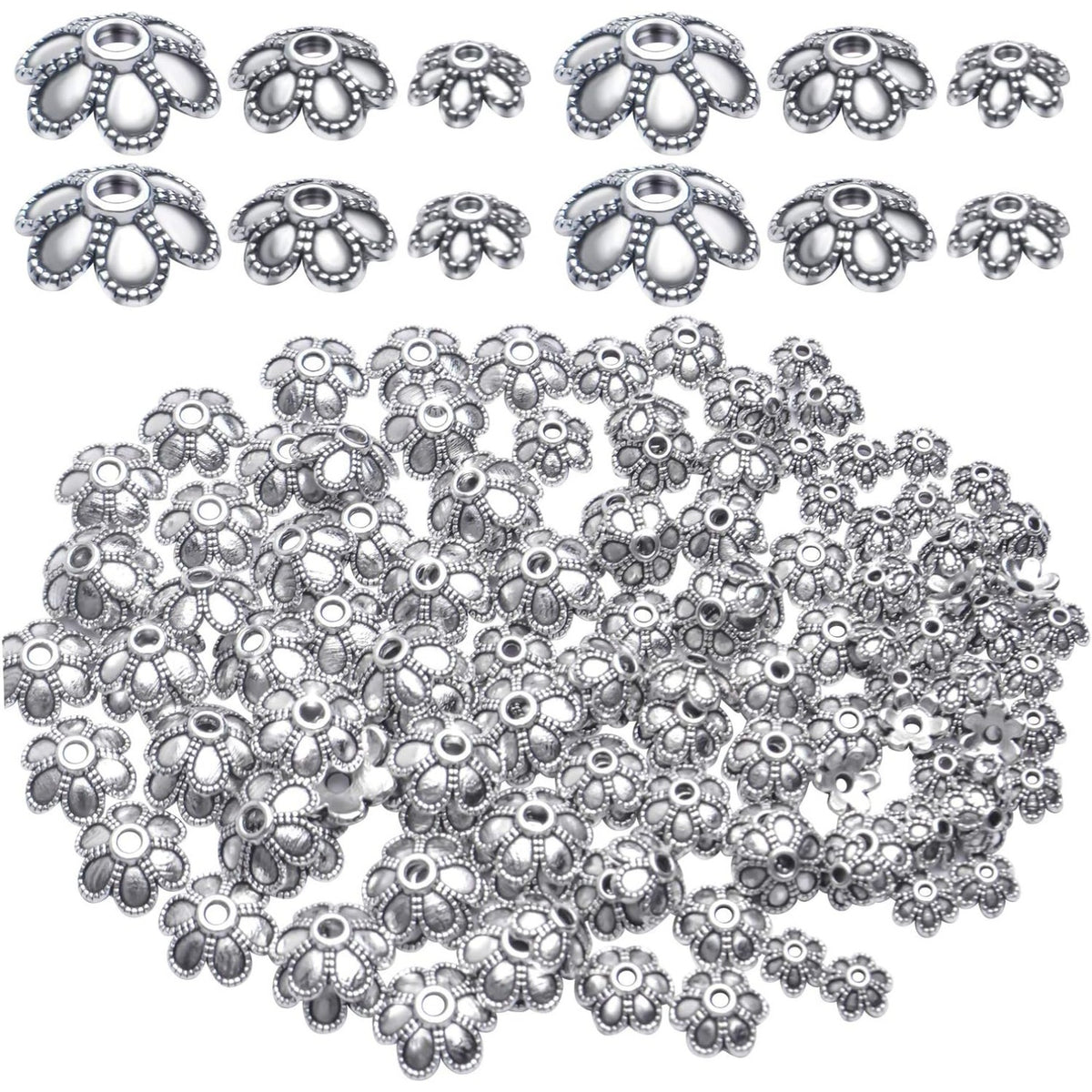 Antique Silver Flower Bead Caps, 200 Pcs Tibetan End Caps Metal Spacers for Jewelry Making, 6mm, 8mm, 10mm