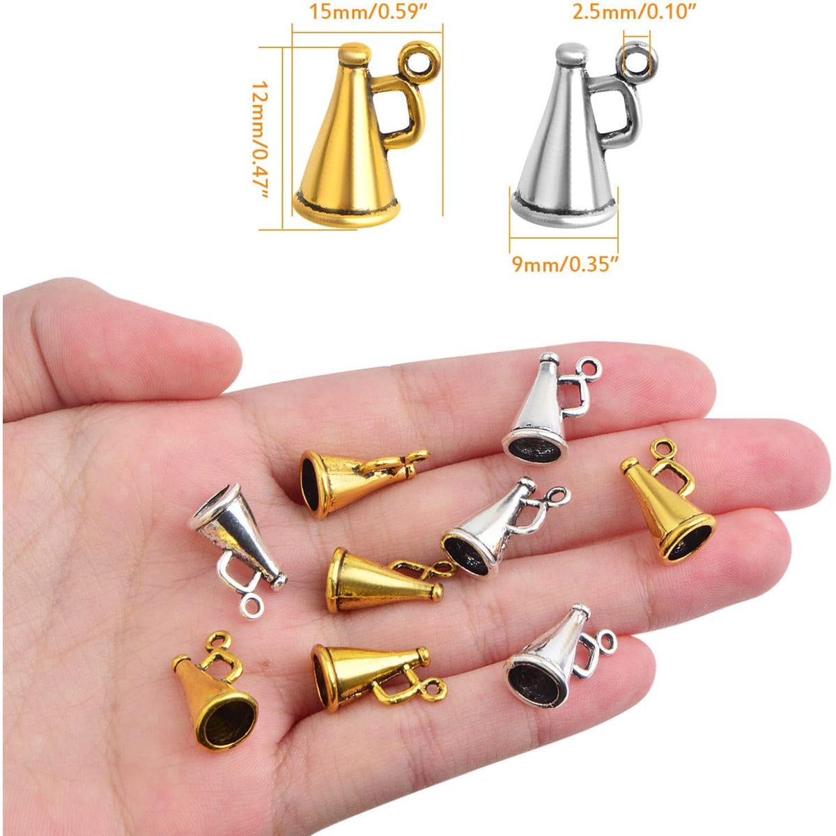 60pcs Tibetan Alloy Megaphone Cheer Charms Vintage Loudspeaker Megaphone Cheerleading Dangle Pendants for DIY Necklace Bracelet Jewelry Making Crafting, 2 Colors