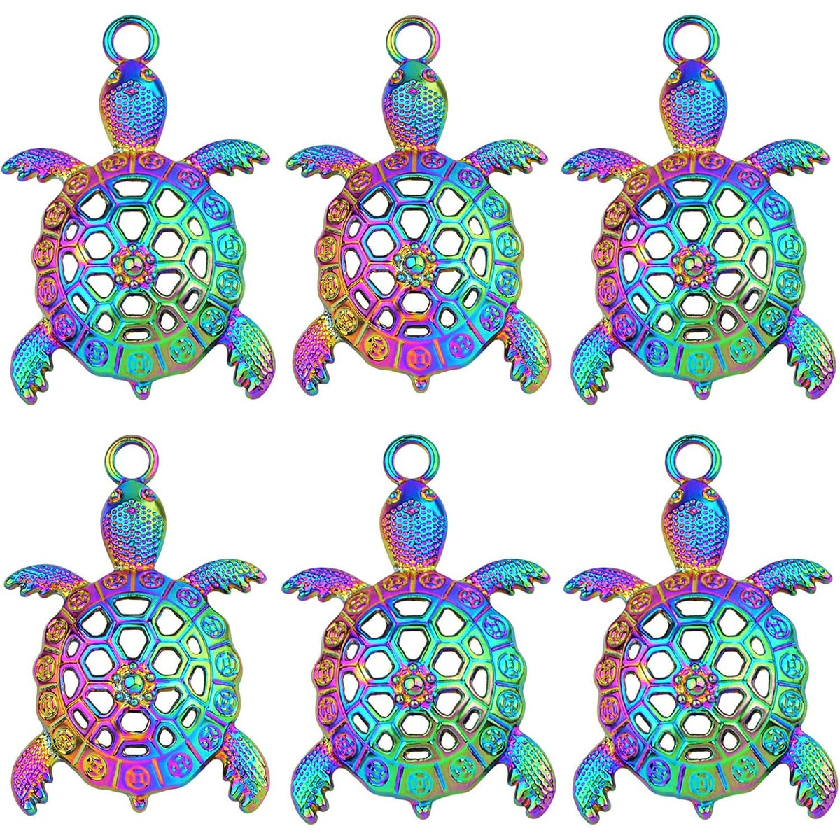 6 Pieces Rainbow Color Large Sea Turtle Charms Alloy Hollow Ocean Animal Turtle Tortoise Shape Dangle Pendants for DIY Necklace Bracelet Jewelry Making Supplies