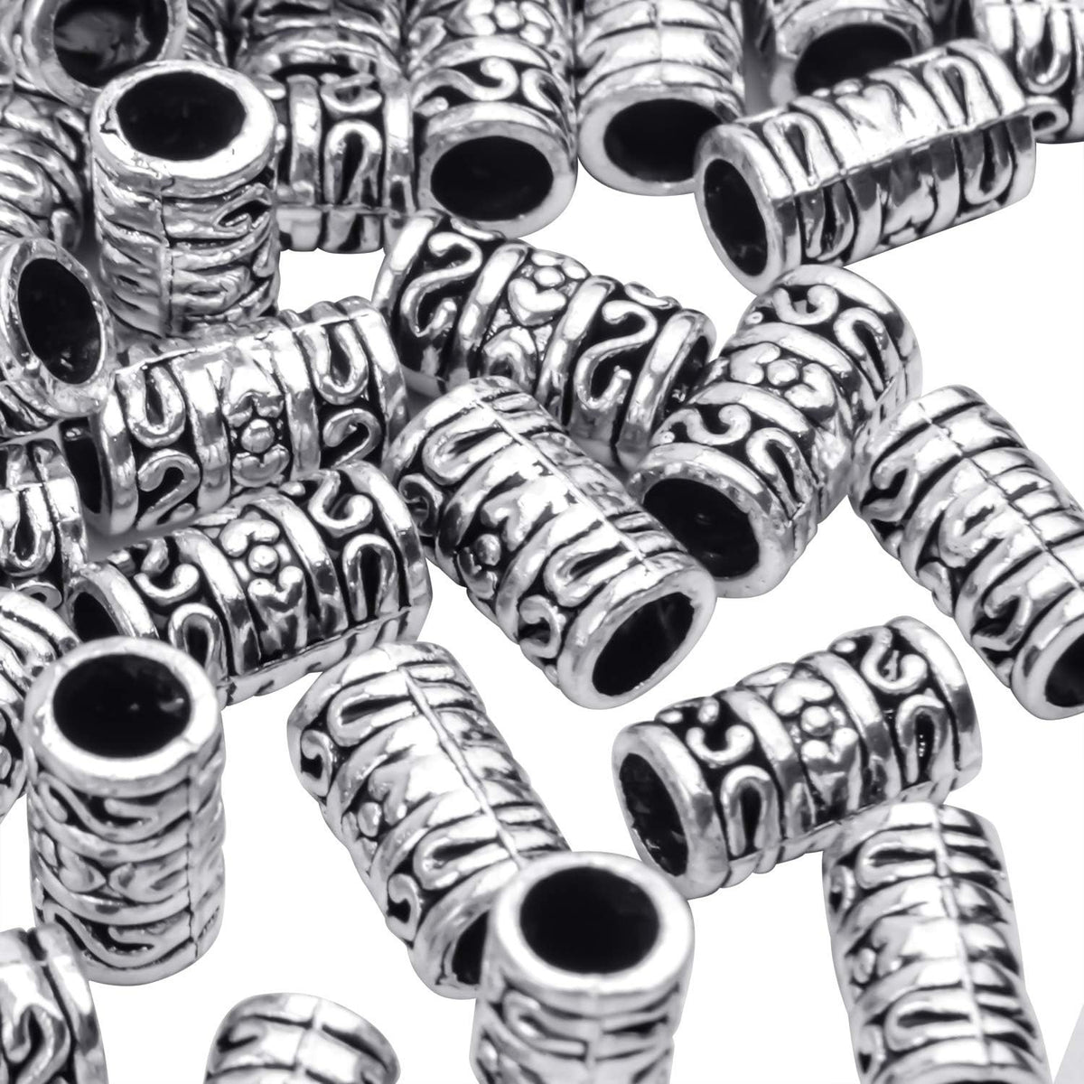 60pcs Tibetan Antique Silver Spacers European Large Hole Beads Charms Hollow Tube Bead Caps for DIY Dreadlocks Jewelry Crafts