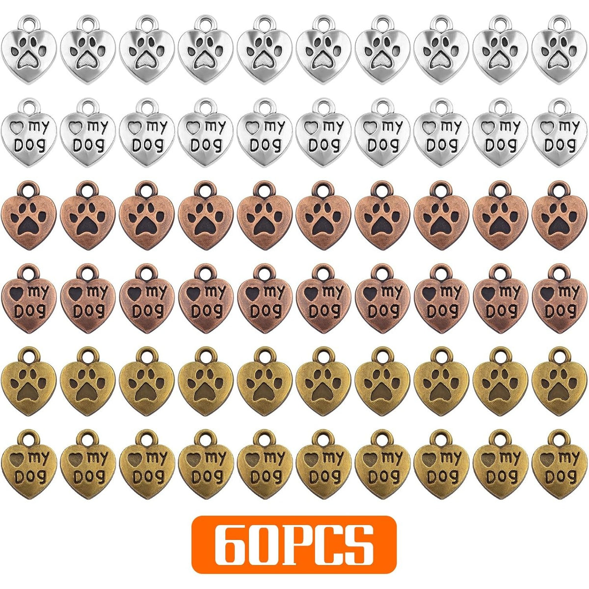 60pcs Love My Dog Lettering Word Charms Tibetan Alloy Heart Dog Paw Print Pendants Double-Sided Animal Pet Puppy Footprint Charms for DIY Necklace Bracelet Jewelry Making, 3 Colors