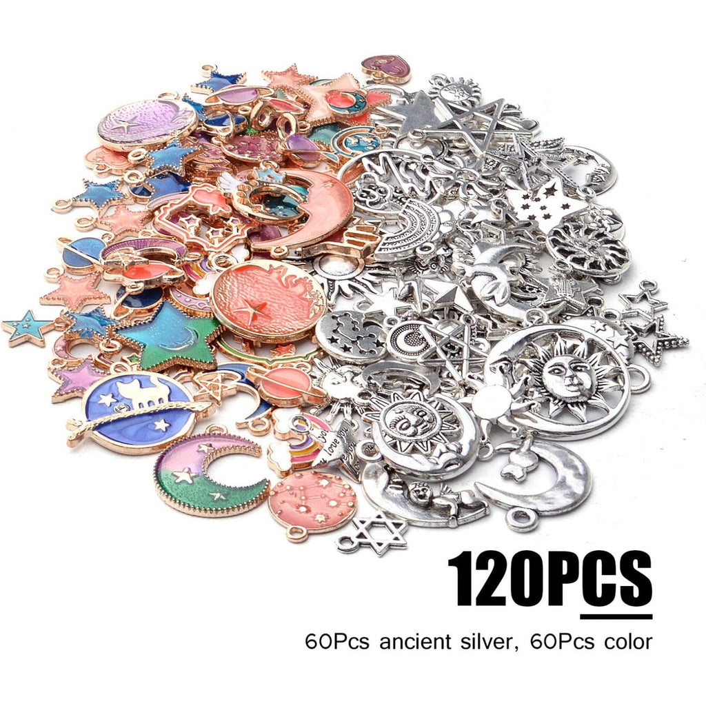 120pcs Celestial Charms Pendants, Mixed Antique Silver Sun Stars Moon Charm Pendant,Enamel Moon Star Cat Charms Pendants for DIY Earrings Necklace Jewelry Making Crafts