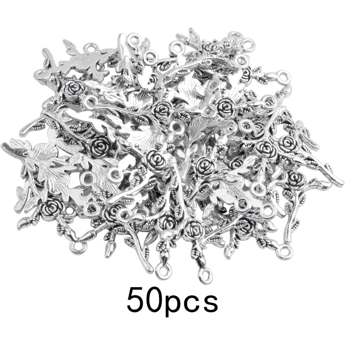 50pcs Antique Silver Cross Rose Flower Charms Vintage Alloy Cross Crucifix Shape with Flower Dangle Pendants Craft Supplies for DIY Necklace Bracelet Keychains Jewelry Making