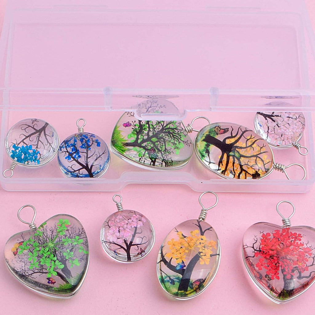 12pcs Mixed Dried Flower Glass Charms Colorful Resin Pressed Flower Life Tree Plant Floating Pendant Charms with a Box for DIY Necklace Bracelet Jewelry Making, 3 Styles