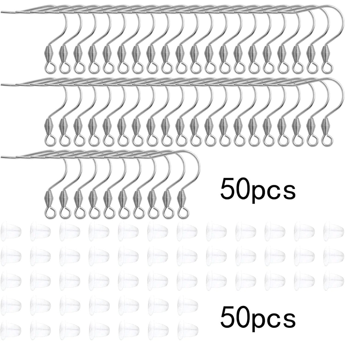 50pcs Stainless Steel French Earring Hooks Hypoallergenic Ear Wires Fish Hooks and 50pcs Clear Earring Backs Stoppers Kit for DIY Earrings Jewelry Making Findings