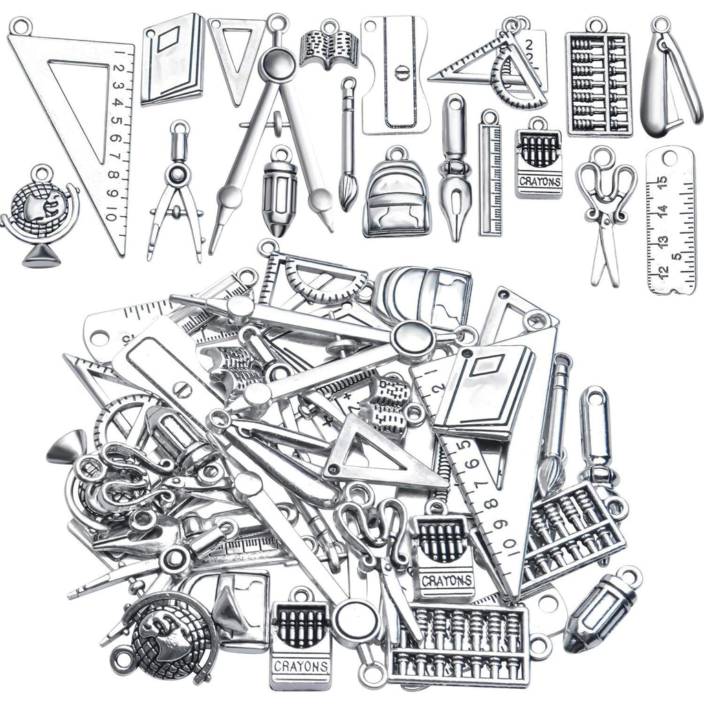40pcs Craft Supplies Antique Silver Alloy School Teacher Charms Pendant Ruler Pencil Compasses Charm Pendants for DIY Jewelry Making Crafting Findings Accessory