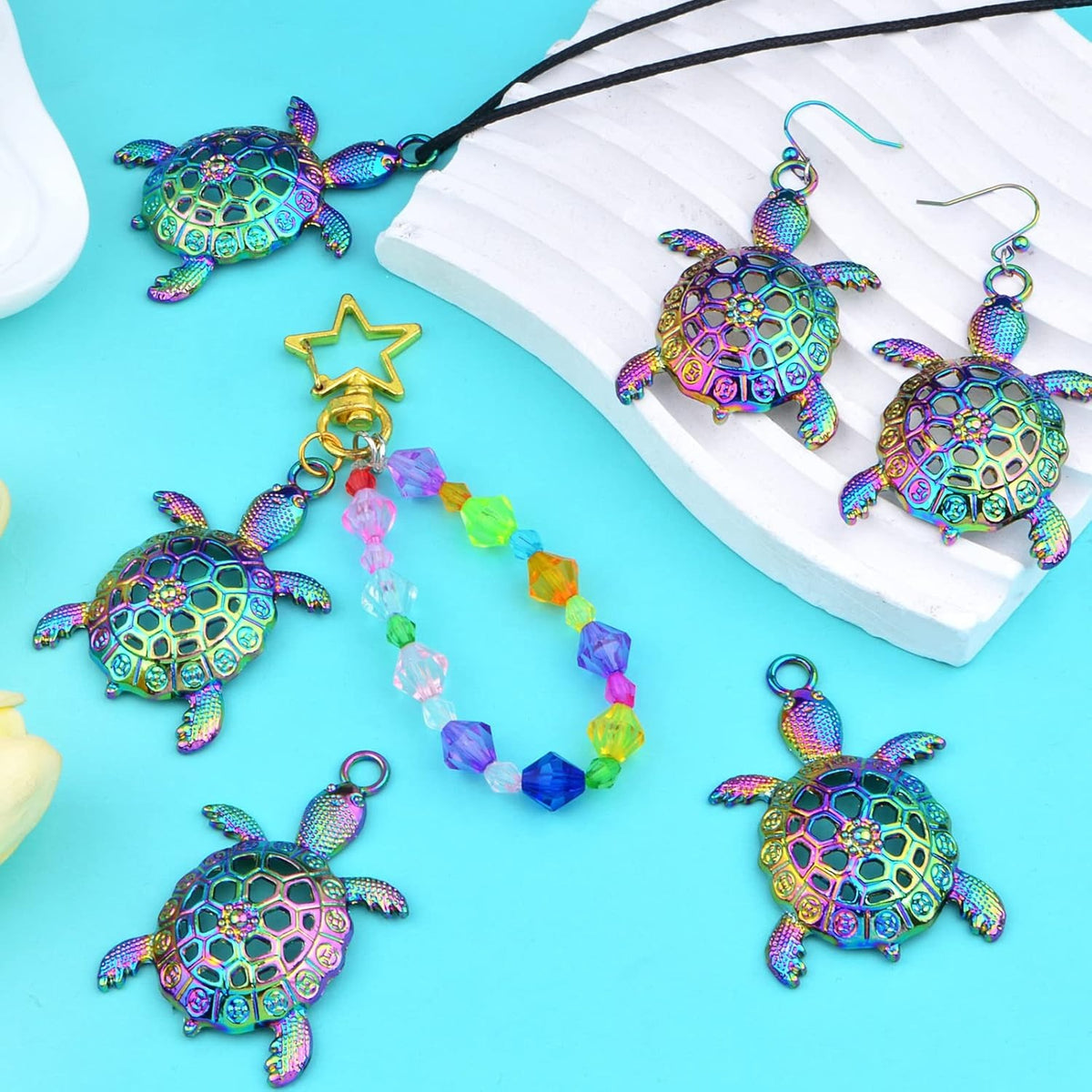 6 Pieces Rainbow Color Large Sea Turtle Charms Alloy Hollow Ocean Animal Turtle Tortoise Shape Dangle Pendants for DIY Necklace Bracelet Jewelry Making Supplies