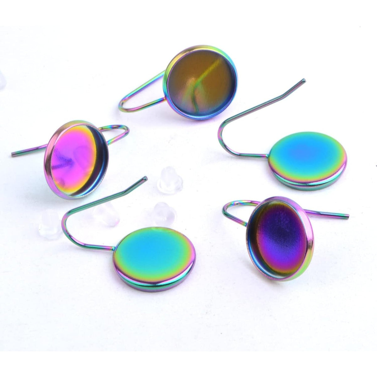 20pcs 12mm Rainbow Color Earring Wire Hooks Blanks Stainless Steel Flat Round Bezel Trays Cabochon Settings and 20pcs Earring Backs for DIY Earrings Jewelry Making Supplies