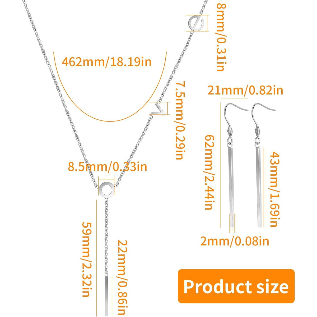 1pcs Stainless Steel Letters Love Pendant Necklace and 1 Pair Long Vertical Bar Drop Earrings Fish Hooks Jewelry Set for Women