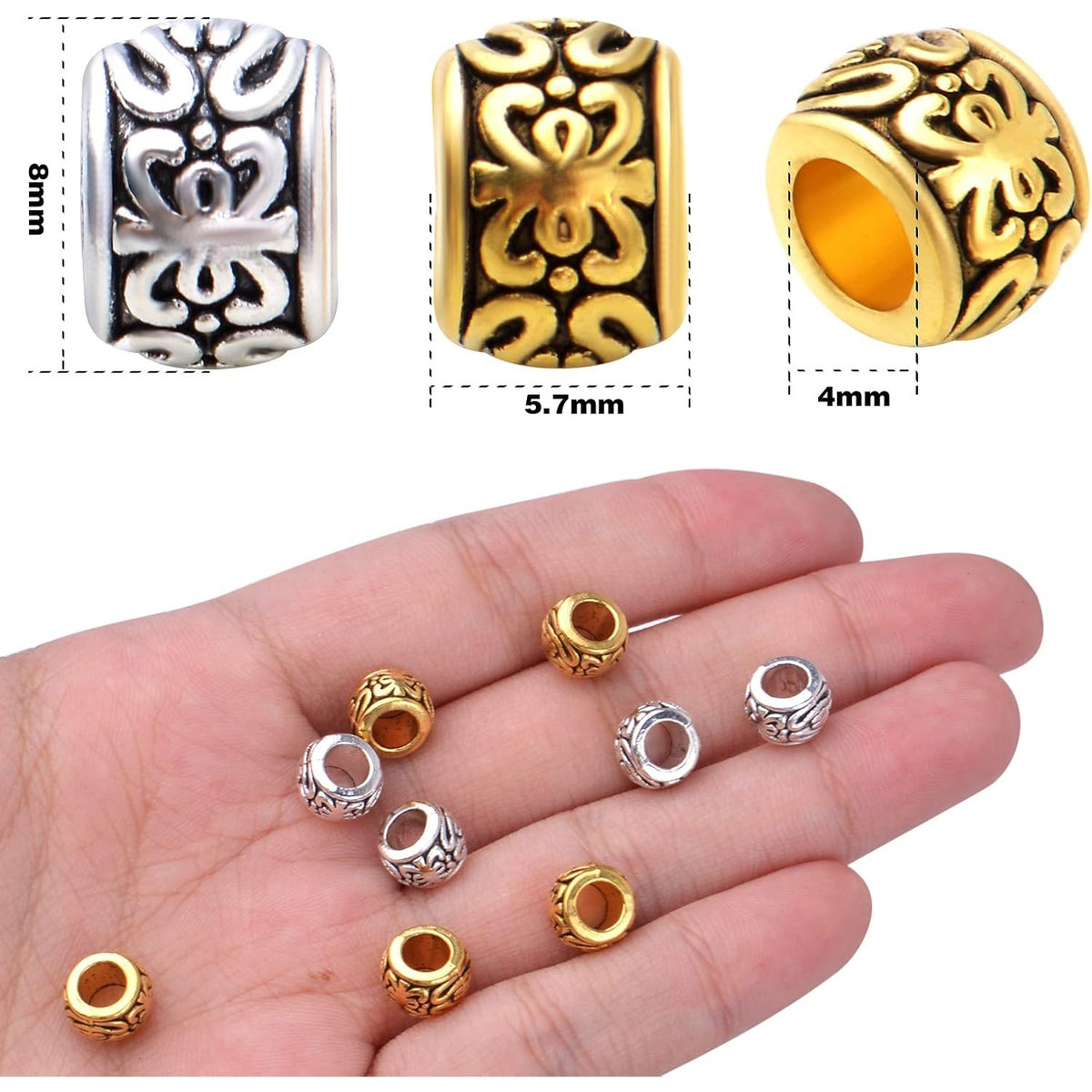 100pcs Barrel Spacer Beads European Large Hole Beads Tibetan Alloy Column Loose Charm Beads with Exotic Patterns for DIY Bracelet Crafts Jewelry Making Supplies, 2 Colors, Hole: 4 mm