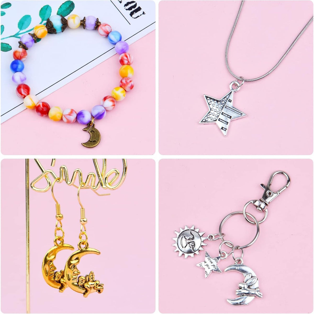 100 Gram Mixed Sun Moon Star Charms Celestial Pendants Alloy Sun Smile Pentagram Dangle Charms Collection for Necklace DIY Jewelry Making Crafting