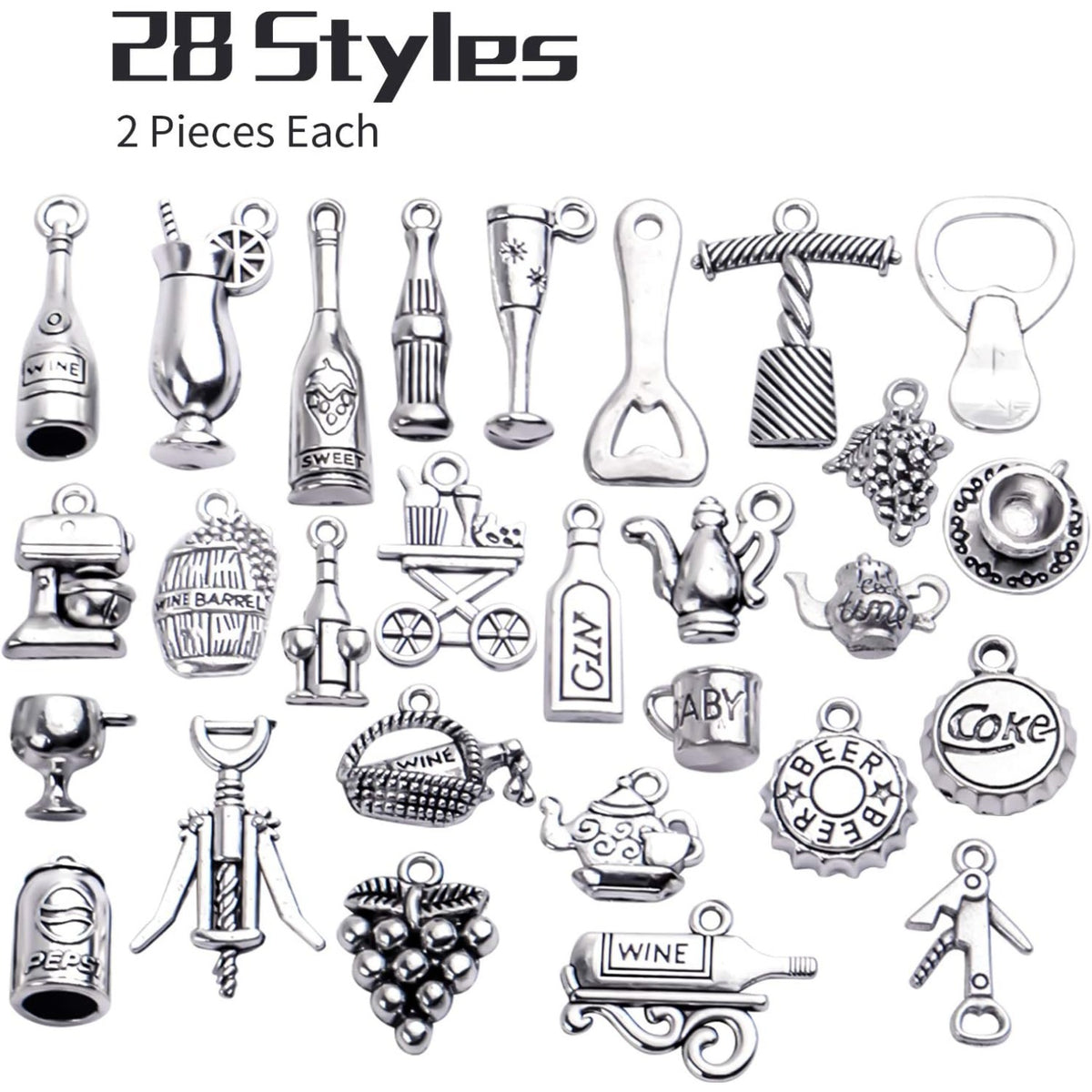 56pcs Silver Wine Bottle Charm Pendants Alloy Cup Glass Opener Grape Wine Charms Jewelry Making Accessories for DIY Necklace Bracelet Earrings Crafts, 28 Styles