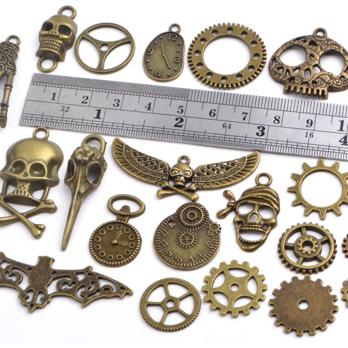 100 Gram Antique Bronze Steampunk Gears Charms Vintage Alloy Mixed Watch Wheel Cog Skull Hands Skeleton Keys Pendant for Art Craft Jewelry Making Pirate Cosplay Decor