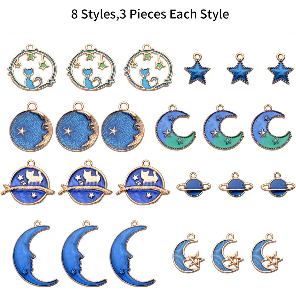 24 Pieces Gold Plated Enamel Charms Pendants, Blue Enamel Moon Star Pendant Crafting Accessories for Making Earrings Necklace DIY, 8 Styles