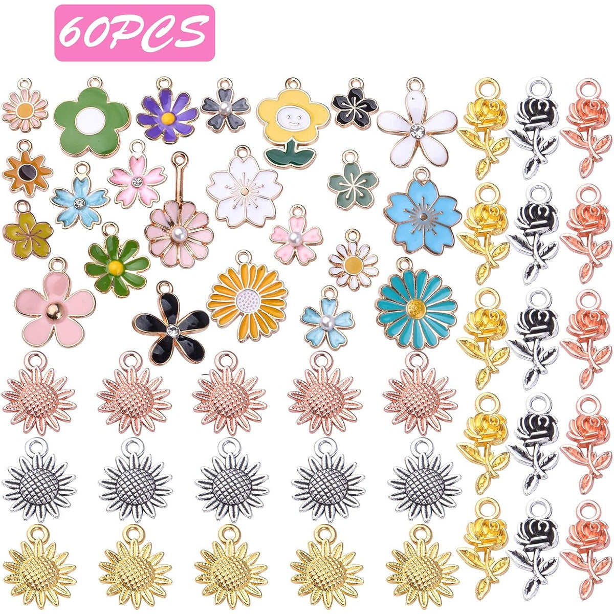60pcs Mixed Enamel Flower Charms Alloy Sunflower Rose Flower Pendants Sweet Dangle Charms Jewelry Making Accessories for DIY Necklace Bracelet Earring Craft Supplies