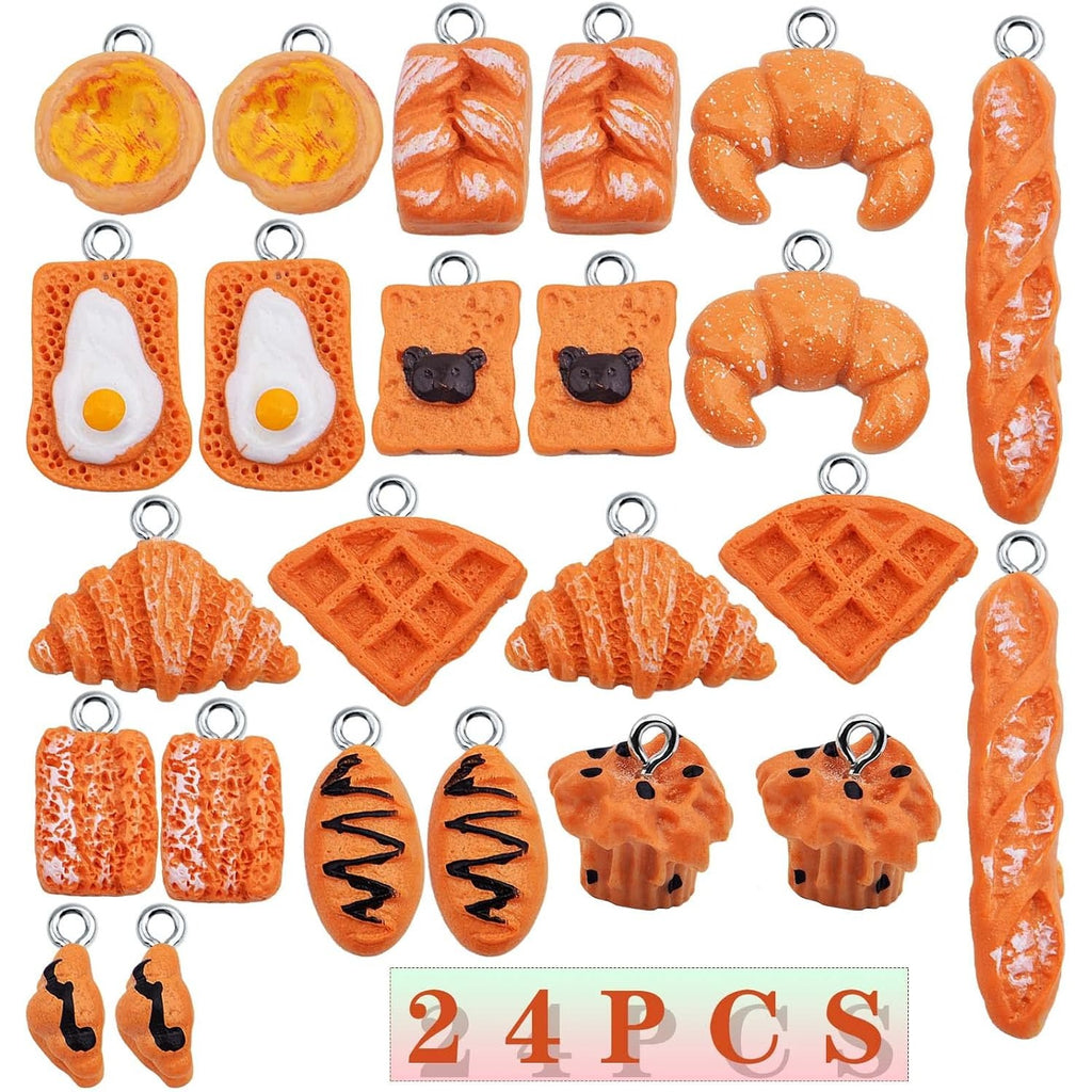 24pcs Mixed Imitation Food Charms Resin Loaf Bread Baking Baguette Cake Croissant Waffle Egg Tart Dangle Pendants Ornament for DIY Necklace Keychain Jewelry Making
