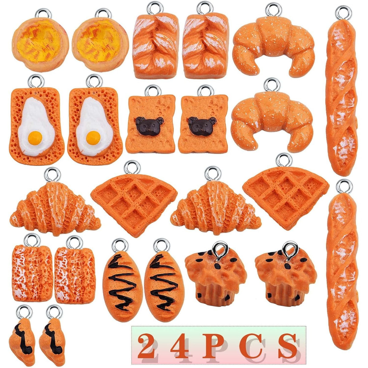 24pcs Mixed Imitation Food Charms Resin Loaf Bread Baking Baguette Cake Croissant Waffle Egg Tart Dangle Pendants Ornament for DIY Necklace Keychain Jewelry Making