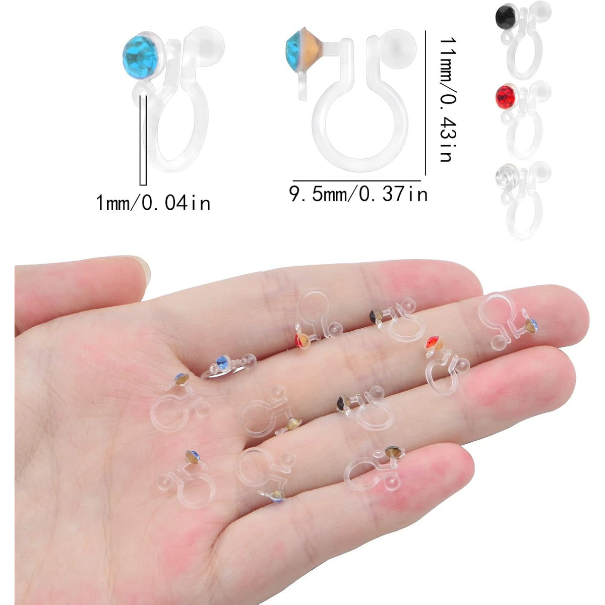 24pcs Clear Plastic Earring Clips Painless Resin Clip-on Earring Converter Components with Rhinestone for Non-Pierced Ears DIY Earrings Making Findings, 11 mm x 9.5 mm