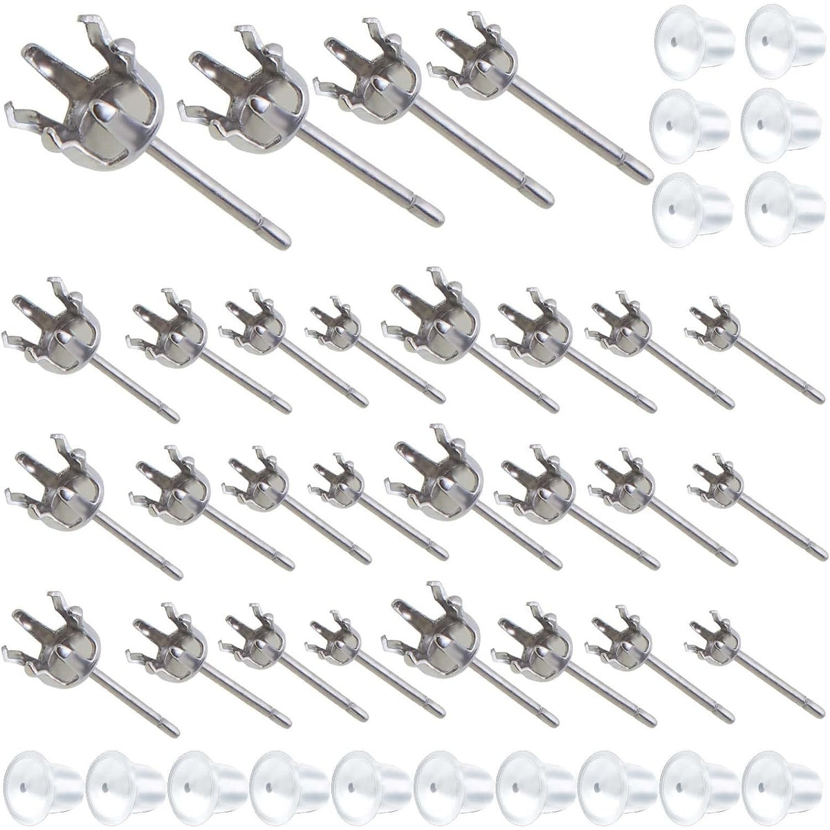 40pcs Stainless Steel Earring Posts Hypoallergenic Crown Piercing Earring Studs and 40pcs Clear Bullet Earring Backs for Women Girls DIY Dangle Jewelry Making, 4 Sizes