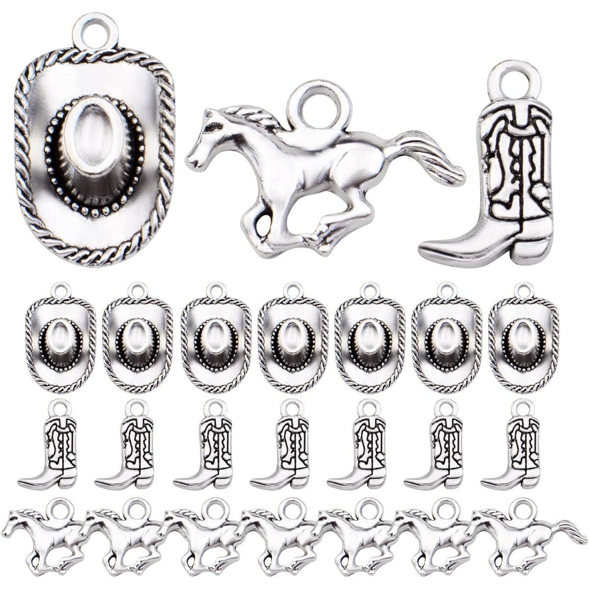 60pcs Silver Western Cowboy Charms Pendants Alloy Horse Cowboy Boot Hat Dangle Charms for DIY Earrings Bracelet Necklace Jewelry Making