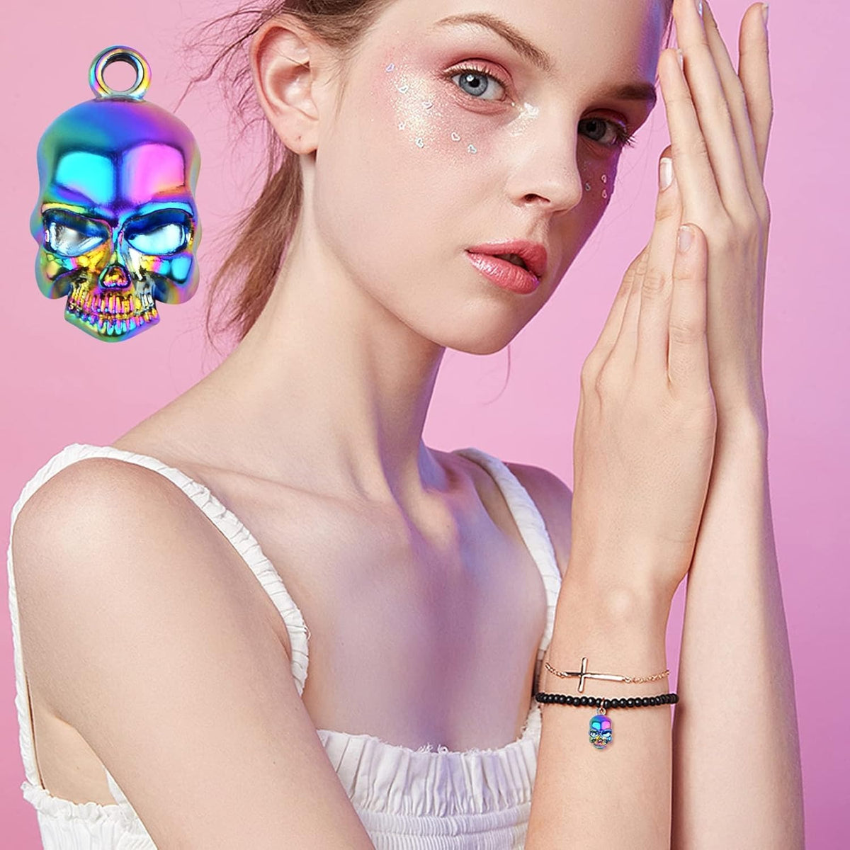 10 Pieces Rainbow Color Skull Head Charms Metal Skull Halloween Dangle Pendants Hanging Ornaments Craft Supplies for DIY Necklace Bracelet Jewelry Making Decor